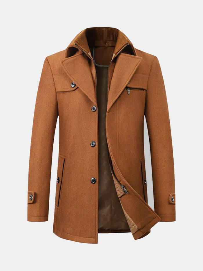 Abrigo de paño camel con doble cuello