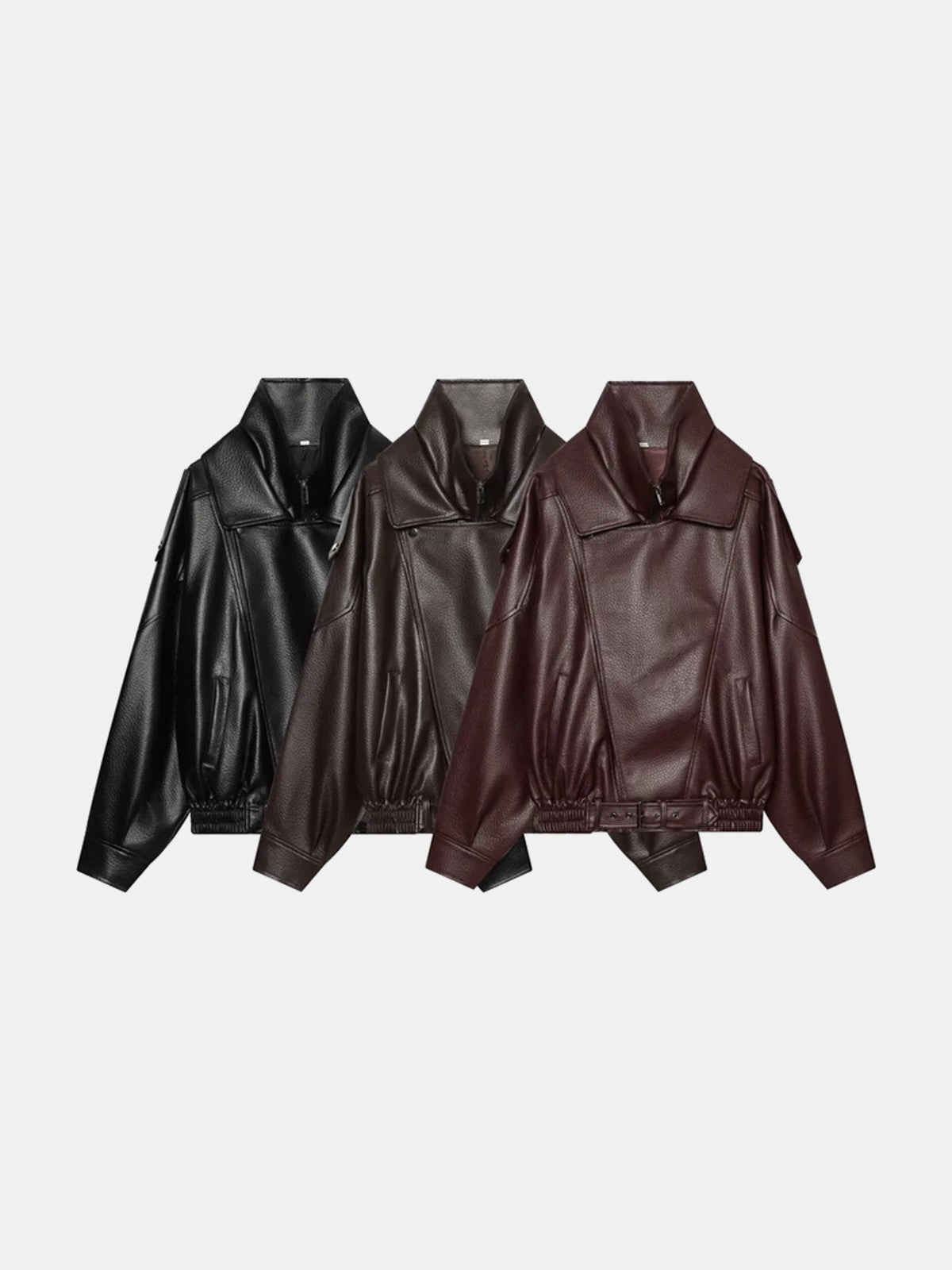 Cazadora de cuero sintético oversize en negro, marrón y burdeos