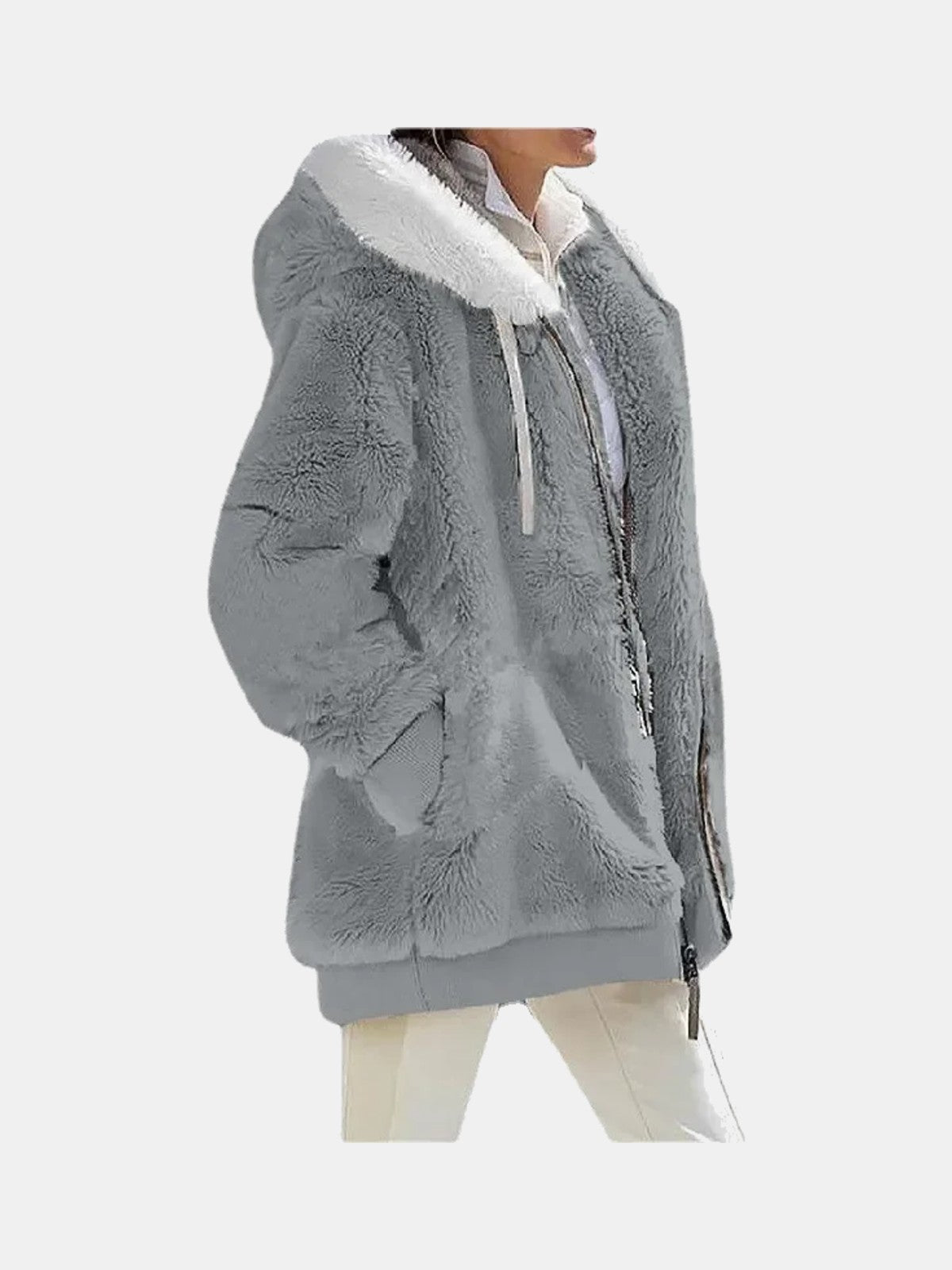 Chaqueta de pelo gris con capucha