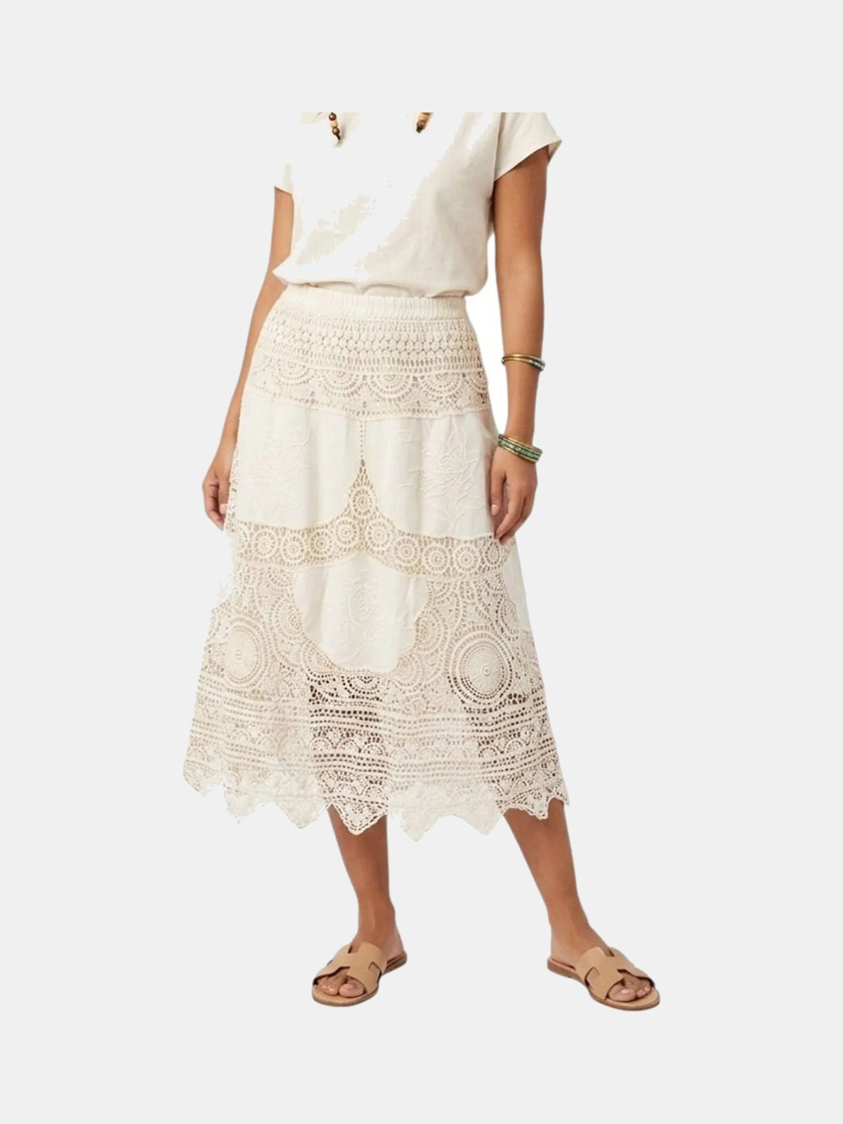 Falda midi de encaje color crudo