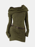 Vestido de punto verde oliva con cuello drapeado