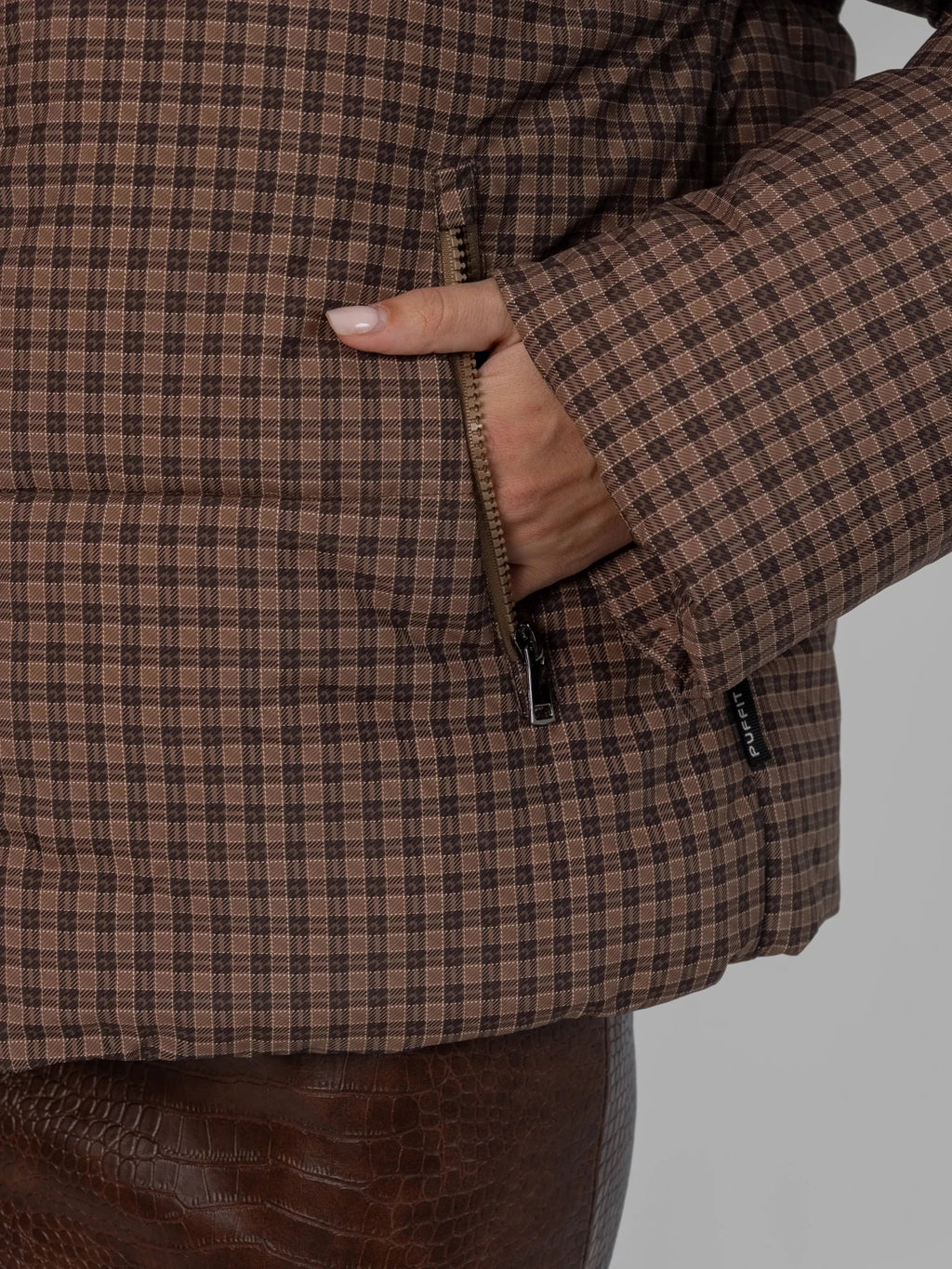 WarmCore™ Brown Check Faux Fur Lined Detachable Hooded Short Puffer Jacket