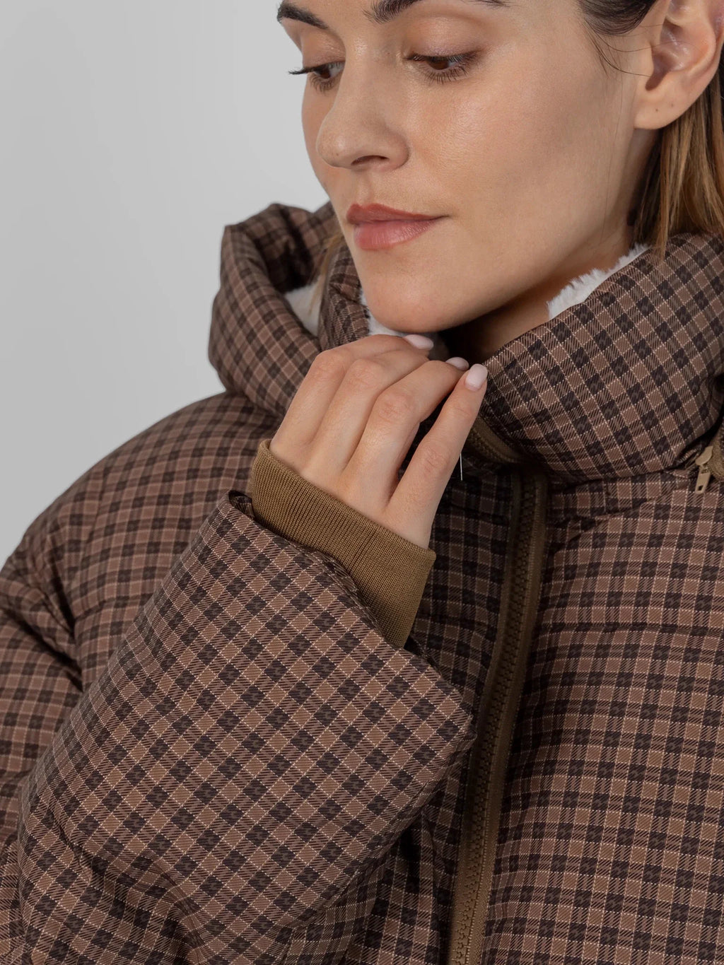 WarmCore™ Brown Check Faux Fur Lined Detachable Hooded Short Puffer Jacket