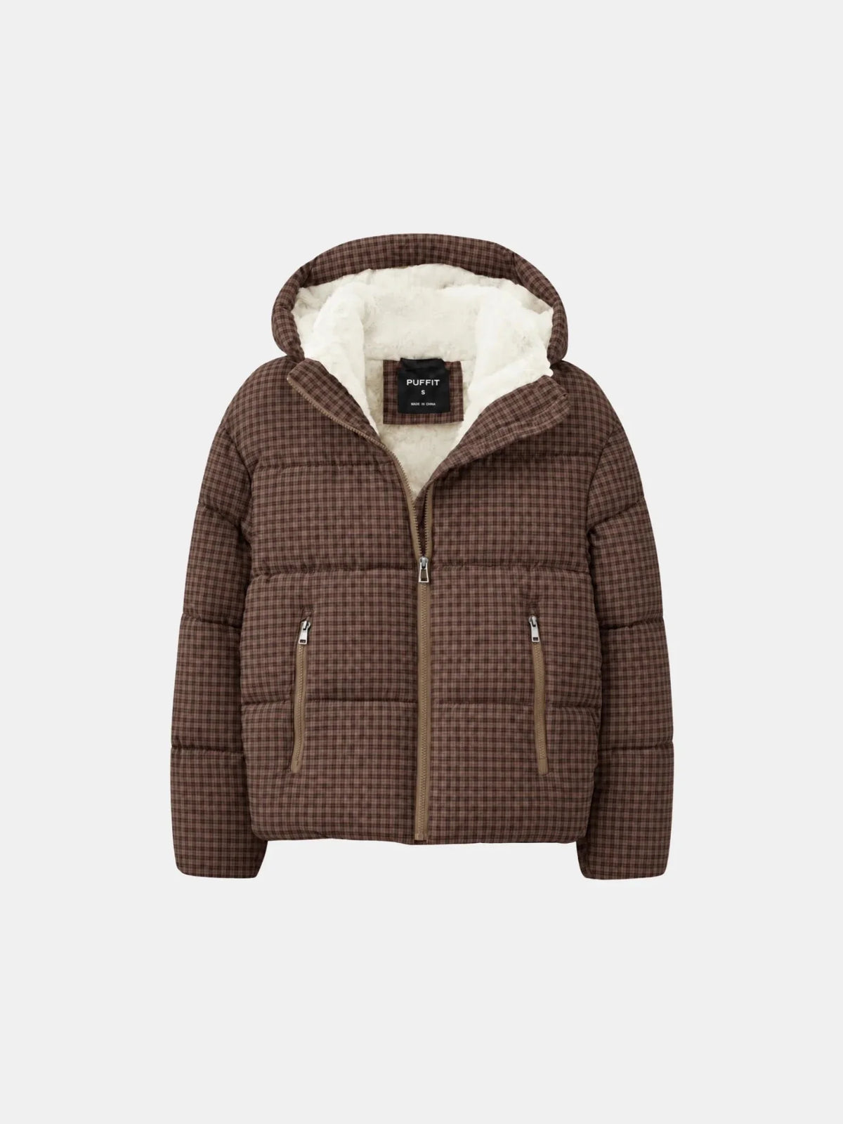 WarmCore™ Brown Check Faux Fur Lined Detachable Hooded Short Puffer Jacket
