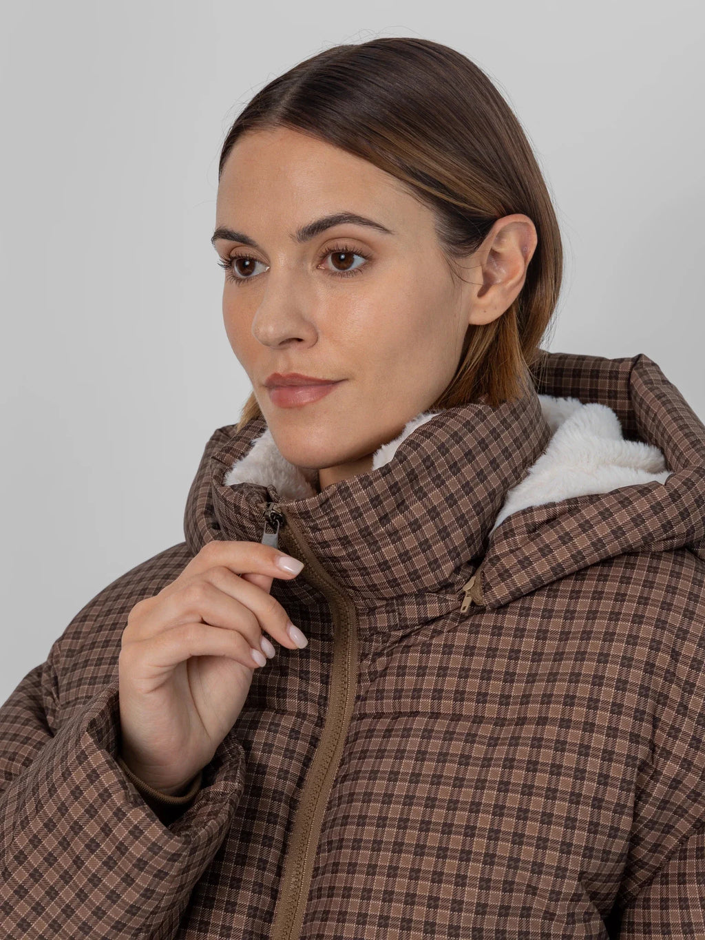 WarmCore™ Brown Check Faux Fur Lined Detachable Hooded Short Puffer Jacket